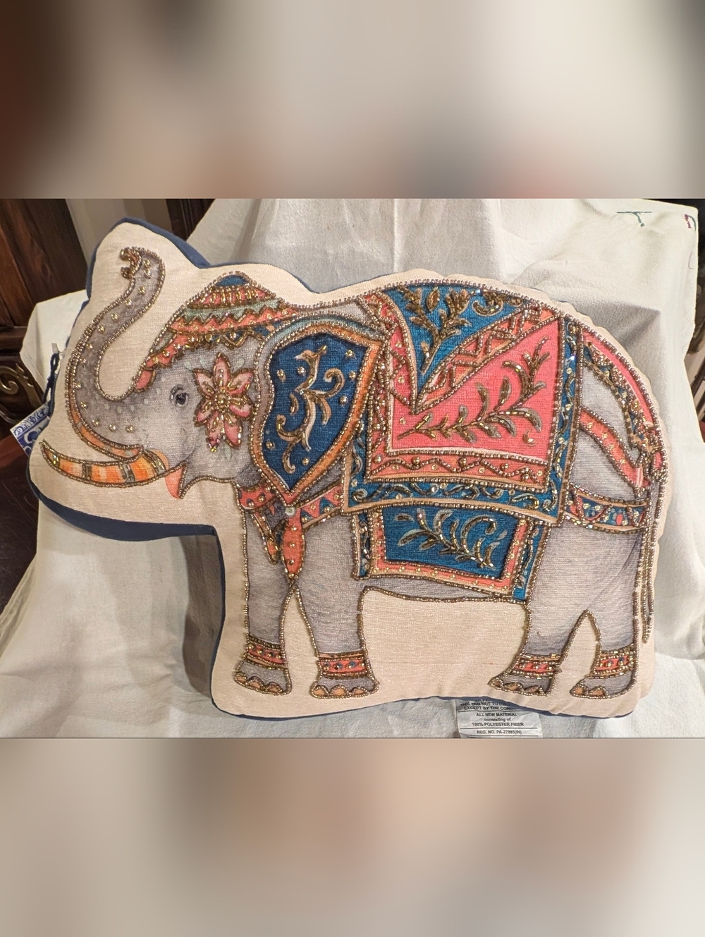 NWOT Embroidered & Beaded Elephant Shaped Accent Pillow in Pink, Blue, & Cream